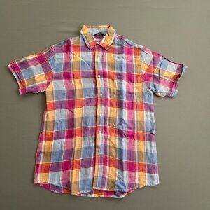 Bohio Men Linen Shirt Size SMALL Multicolor Plaid Short Sleeve Button Up Collar